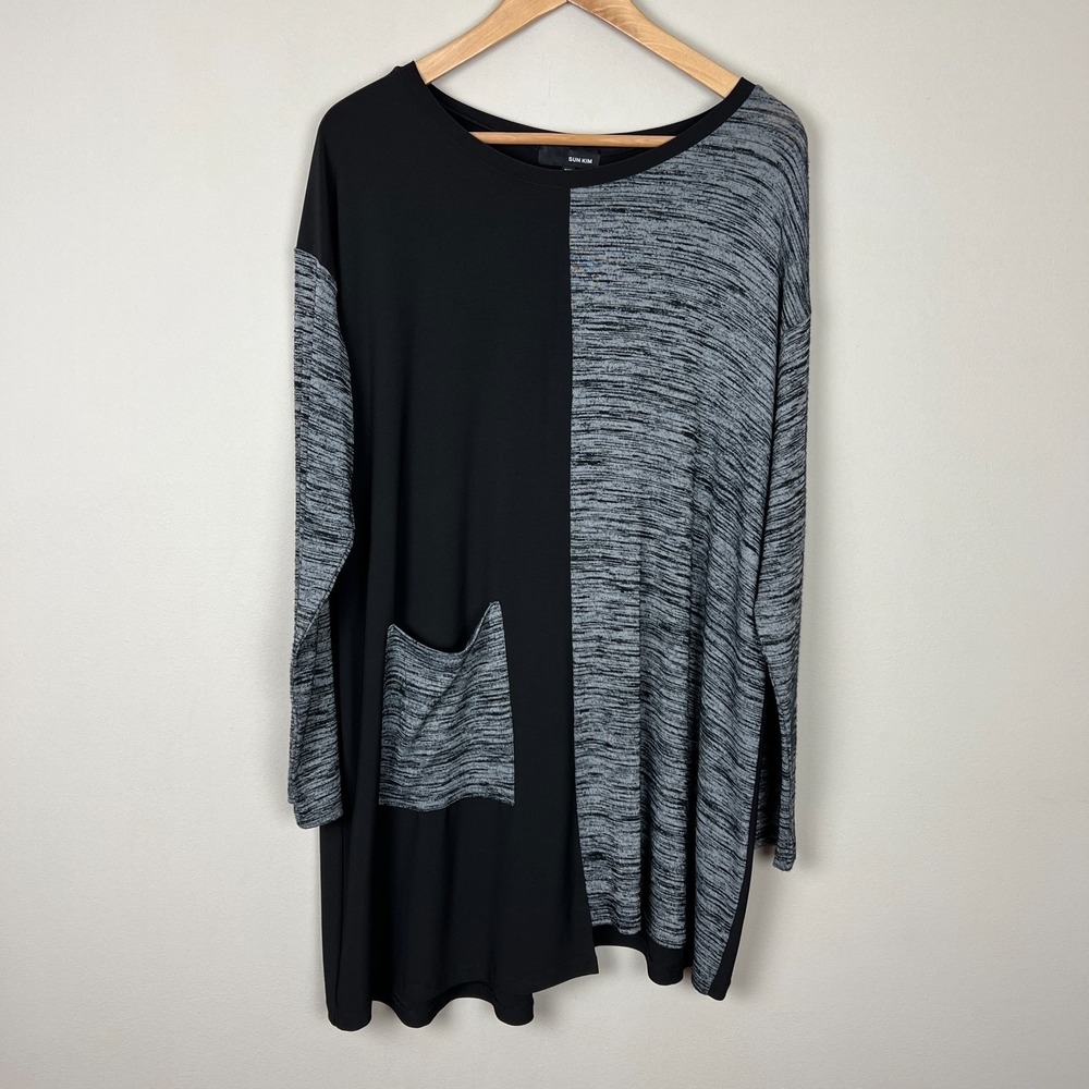 Sun Kim‎ Tunic Top Womens XL Black Gray Asymmetrical Hem Mixed Media Pocket Knit